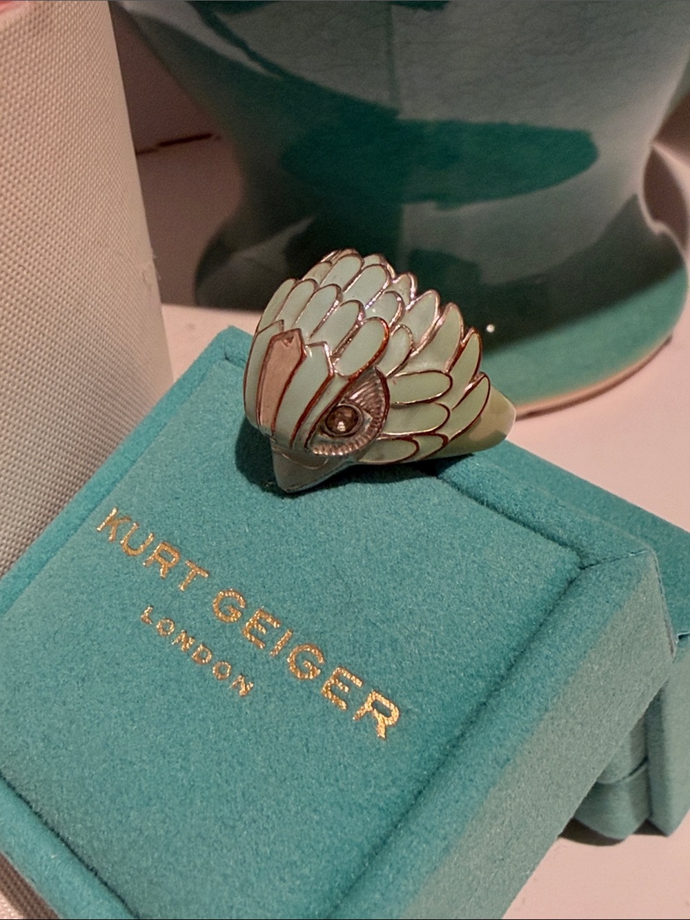 Kurt Geiger Mint Enamel Owl Ring with Gold Accents Size 8
